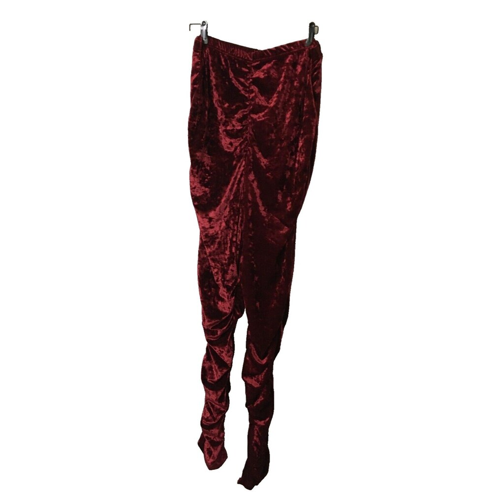 Women Stretch Pant Leggings Size Large Burgundy Crush Velvet Shirring Sides